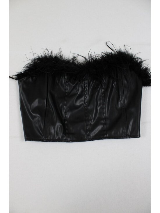 Windsor Tops - Black Faux Leather Feather Trim Strapless Corset Top Size M
